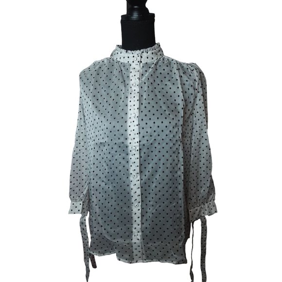 2/$35- Neon Blonde Sheer Polk A Dot 3/4th Tie Sleeves Button Blouse Women's XS - Picture 7 of 9